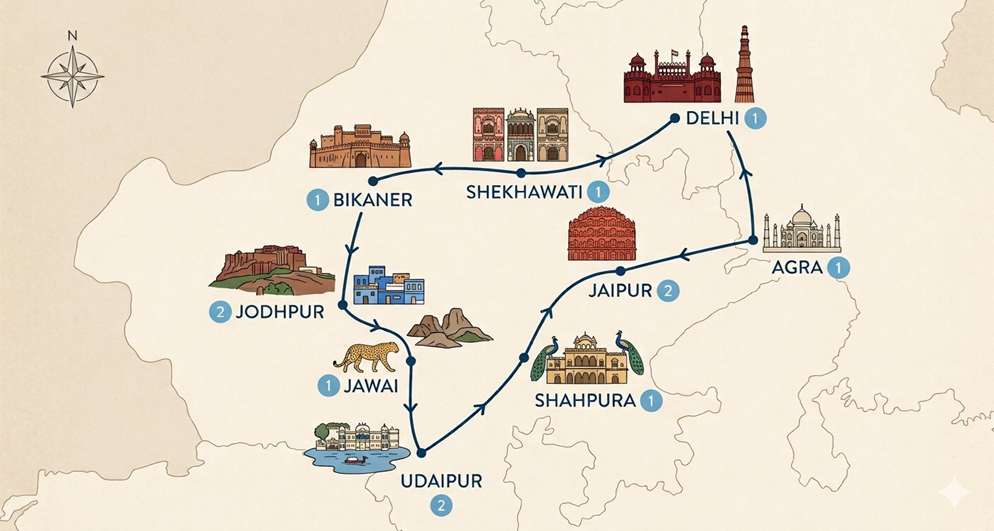 Illustrated map of the Rajasthan journey route from Delhi through Shekhawati, Bikaner, Jodhpur, Jawai, Udaipur, Shahpura, Jaipur and Agra